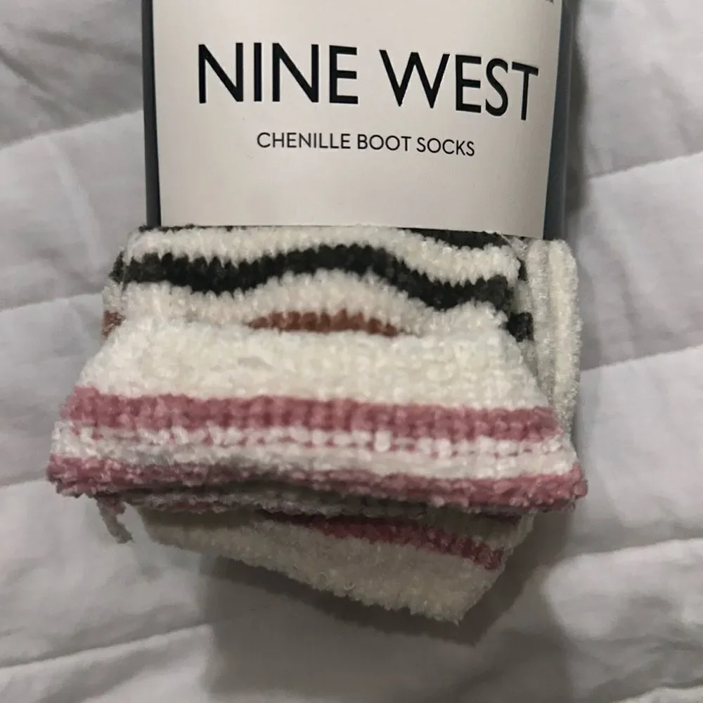 Nine West Ladies 3 Pk Chenille Boot Socks Navy Ivory Pink Green Brown Stripe